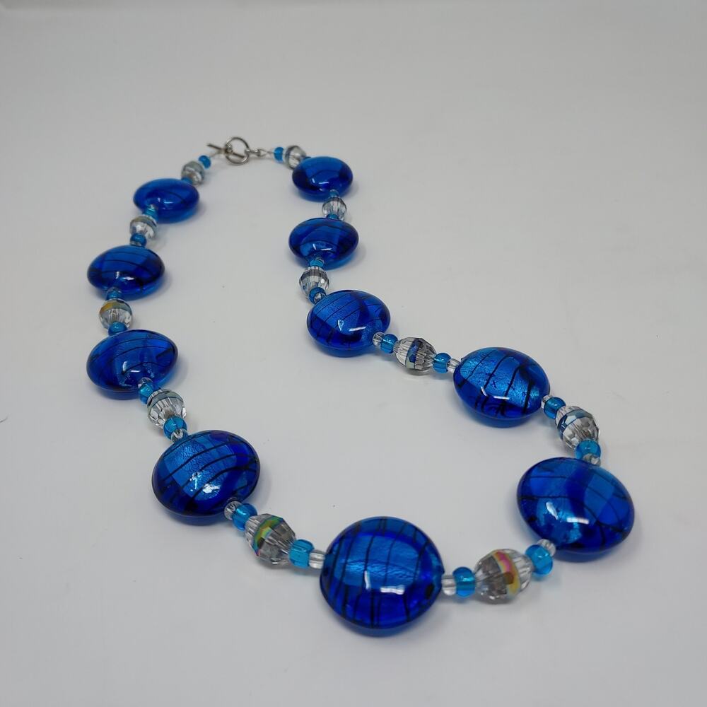 Murano Glass Necklace Foil Filled Beads Coastal Blue Crystal Striped Beads 21"